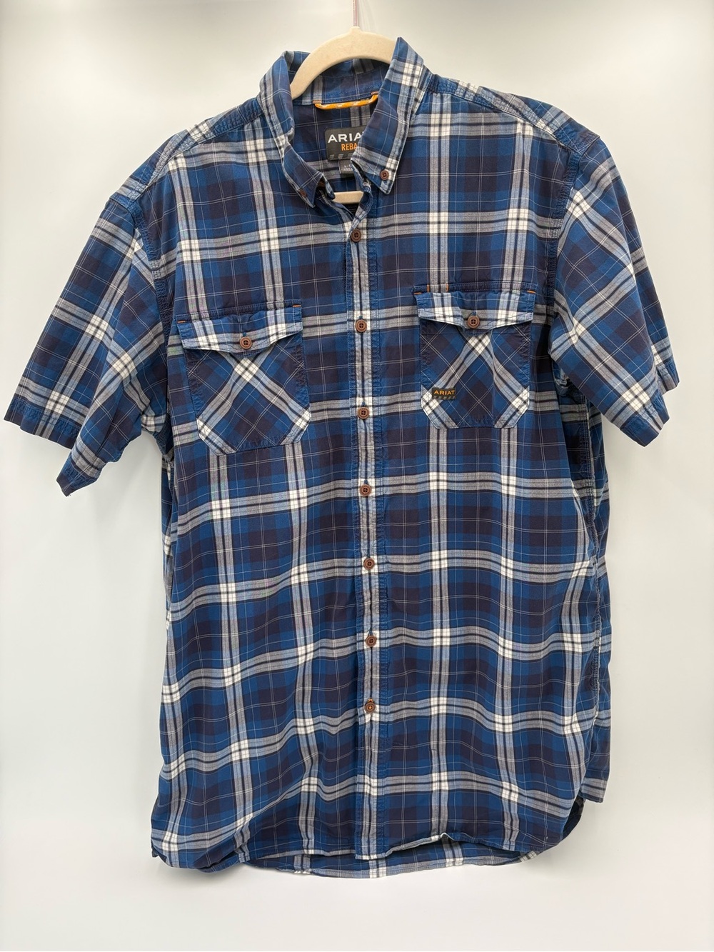 Ariat Rebar Men’s L Tall Blue Plaid Short Sleeve Button Down Work Shirt - Picture 2 of 12